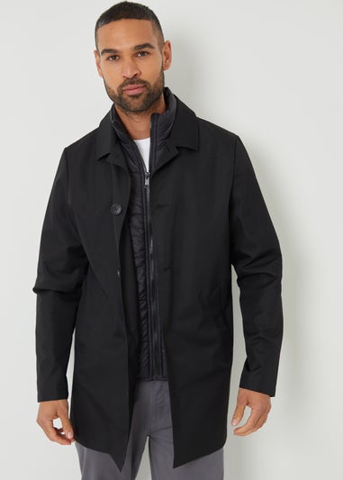 Threadbare Black Collared Mock Layer Mac Coat