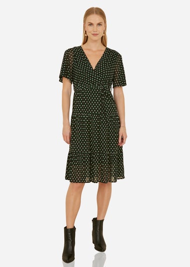 Yumi Black Dot Print Mesh Stretch Midi Skater Dress