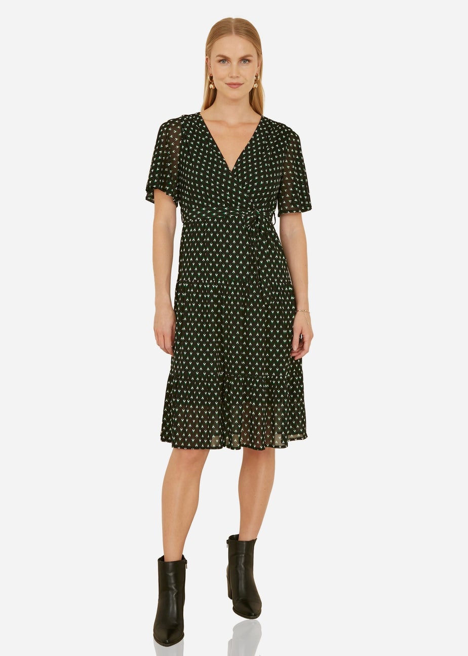 Yumi Black Dot Print Mesh Stretch Midi Skater Dress