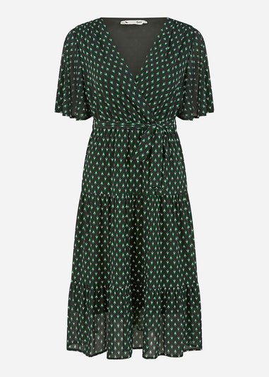 Yumi Black Dot Print Mesh Stretch Midi Skater Dress