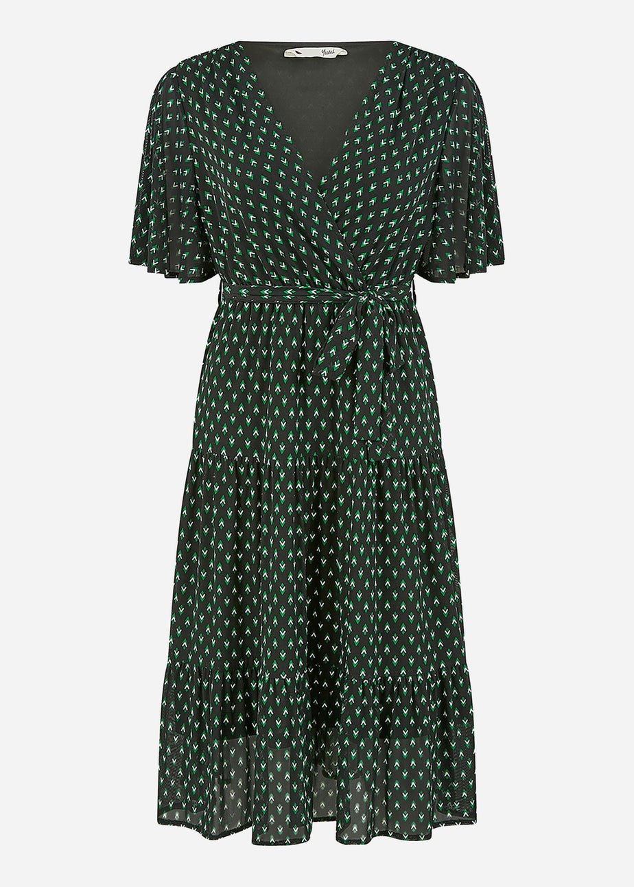 Yumi Black Dot Print Mesh Stretch Midi Skater Dress