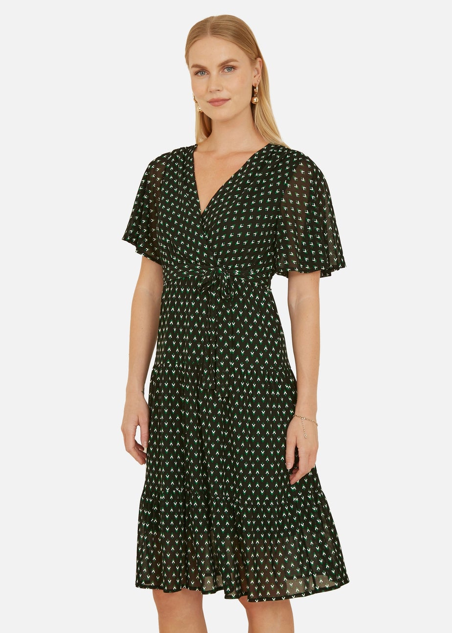 Yumi Black Dot Print Mesh Stretch Midi Skater Dress