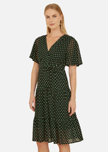 Yumi Black Dot Print Mesh Stretch Midi Skater Dress