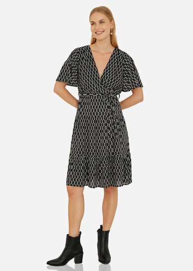 Yumi Black Geo Print Mesh Stretch Midi Skater Dress