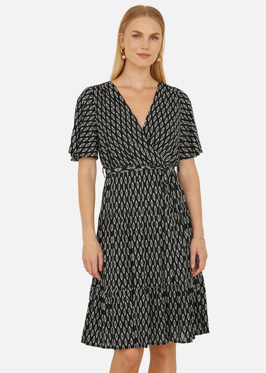 Yumi Black Geo Print Mesh Stretch Midi Skater Dress
