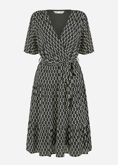 Yumi Black Geo Print Mesh Stretch Midi Skater Dress