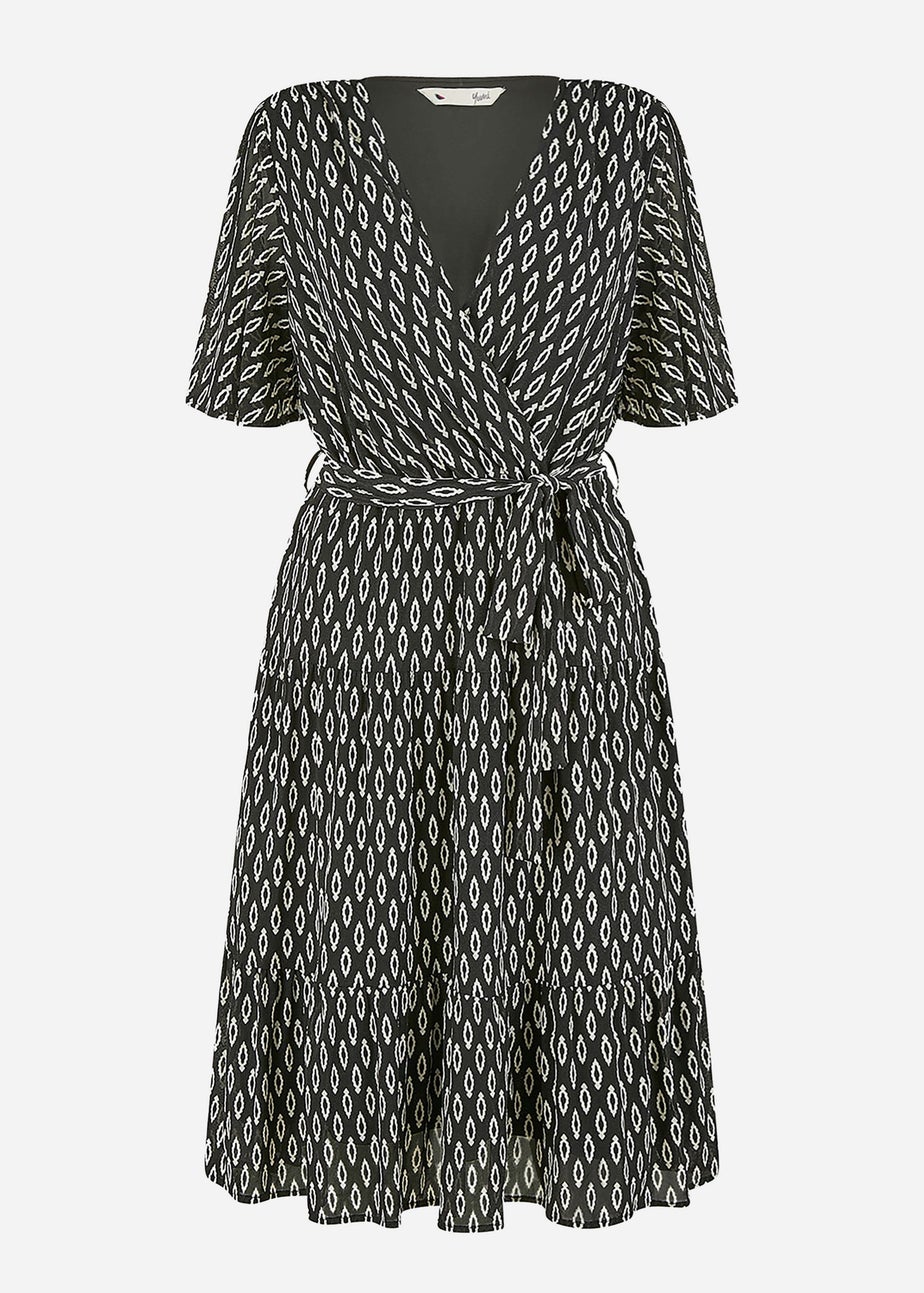 Yumi Black Geo Print Mesh Stretch Midi Skater Dress