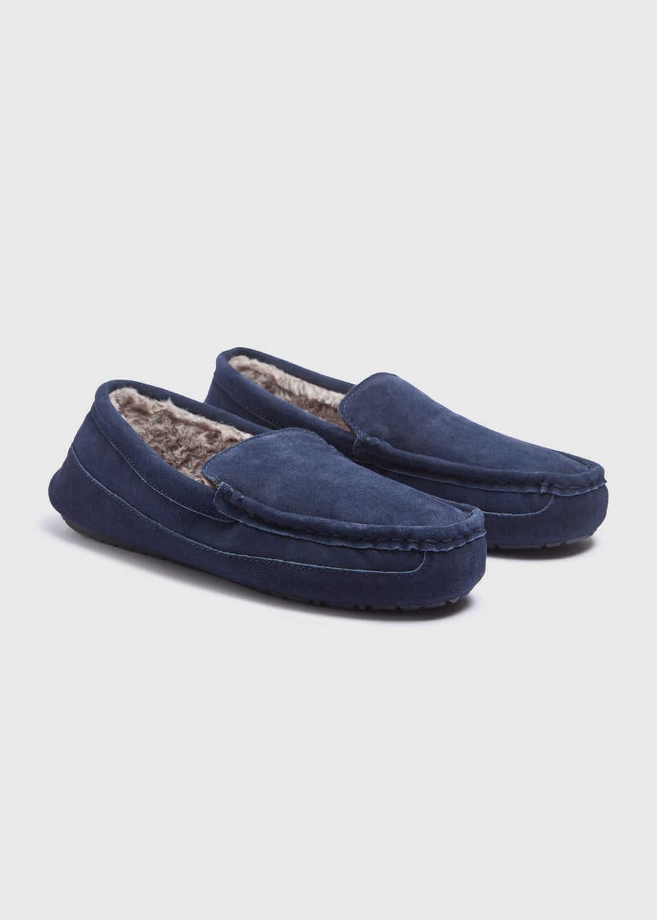 Navy Real Suede Fur Moccasin Slippers