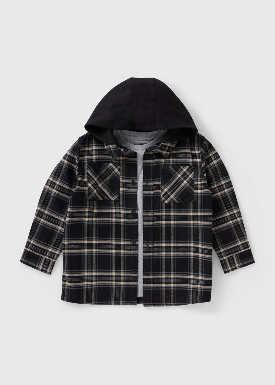 Boys Black Monochrome Check Shirt & T-Shirt Set (7-15yrs)