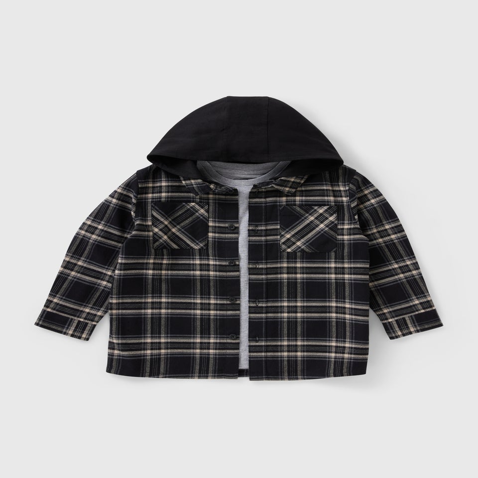 Boys Black Monochrome Check Shirt & T-Shirt Set (7-15yrs)