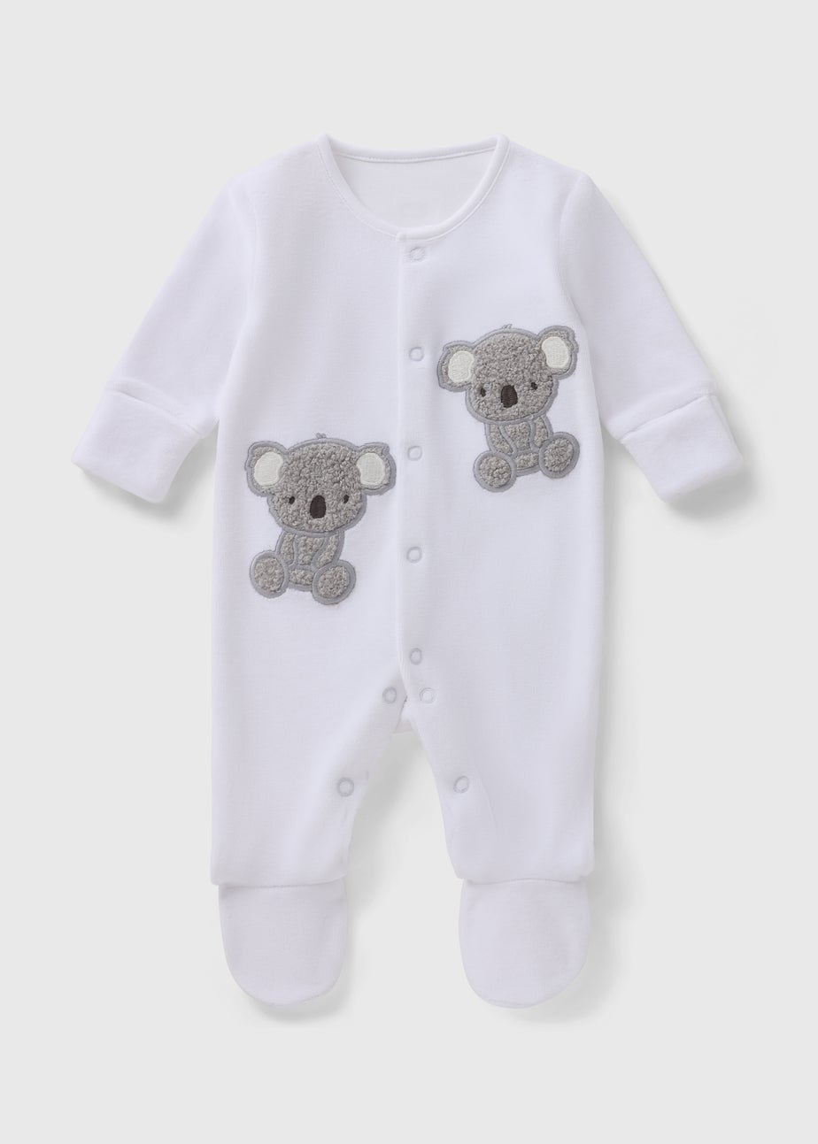 Baby White Koala Velour Sleepsuit (Newborn-12mths)