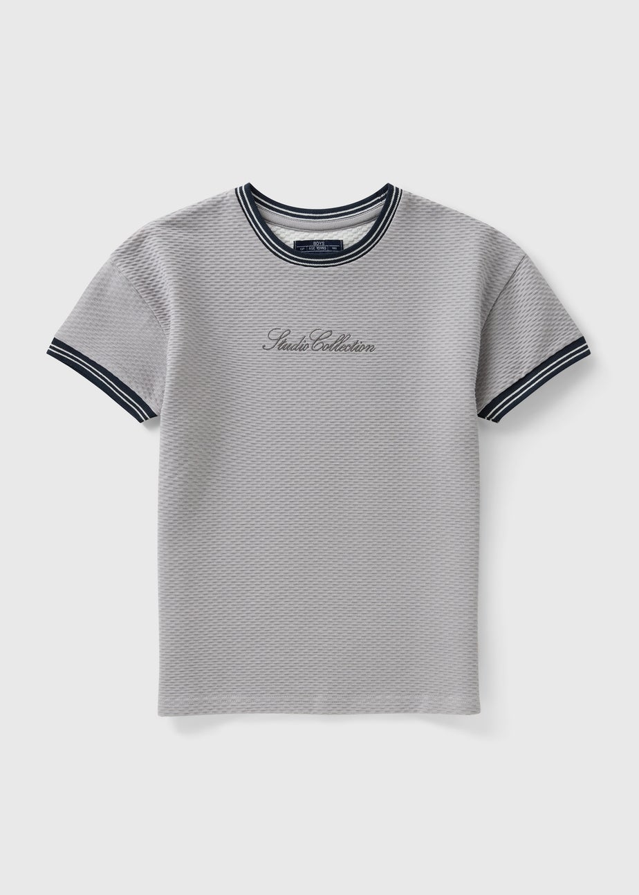Boys Grey Textured Embroidered T-Shirt (7-15yrs)