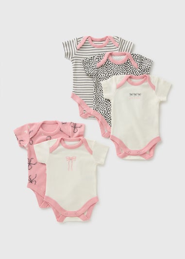 5 Pack Baby Pink Bow Stripe Bodysuits (Newborn-23mths)