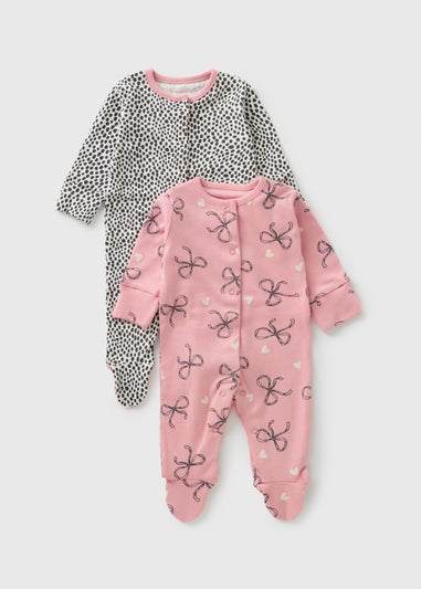 2 Pack Baby Pink Bow Spot Sleepsuits (Newborn-23mths)
