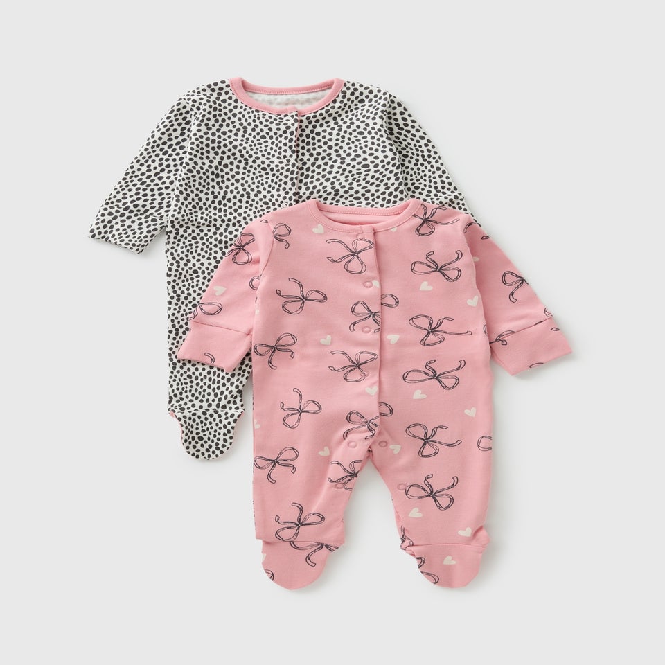 2 Pack Baby Pink Bow Spot Sleepsuits (Newborn-23mths)