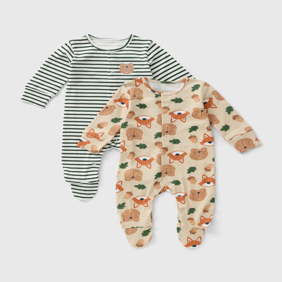 2 Pack Baby Green Fox Stripe Sleepsuits (Newborn-23mths)