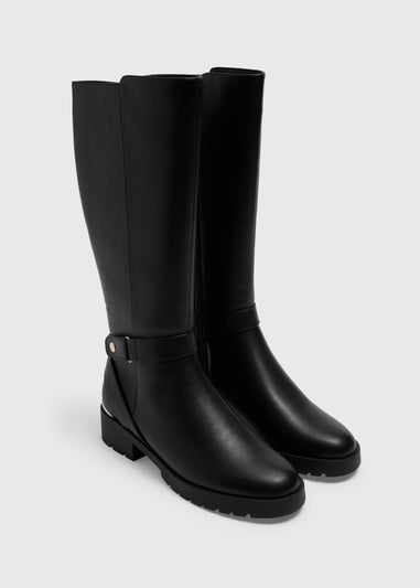 Black Gold Buckle Rider Knee High Boots