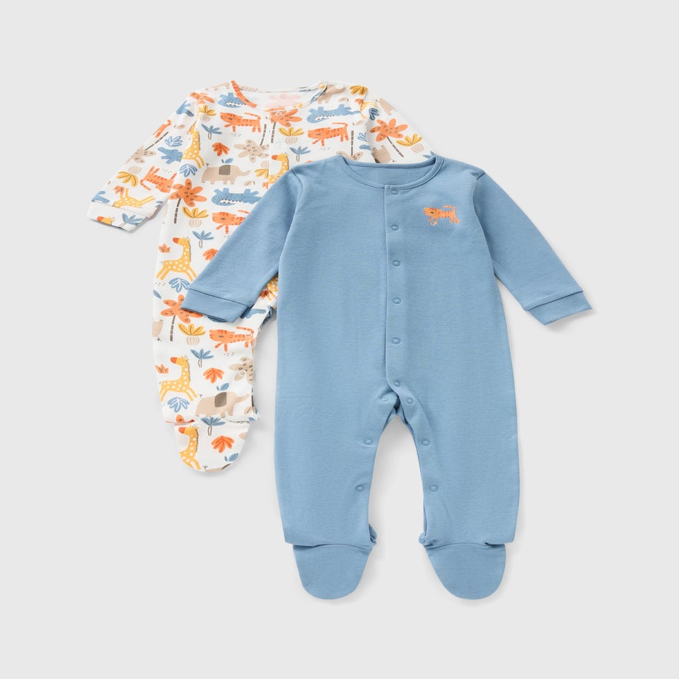 Baby 2 Pack Jungle Blue Sleepsuits (Newborn–23mths)