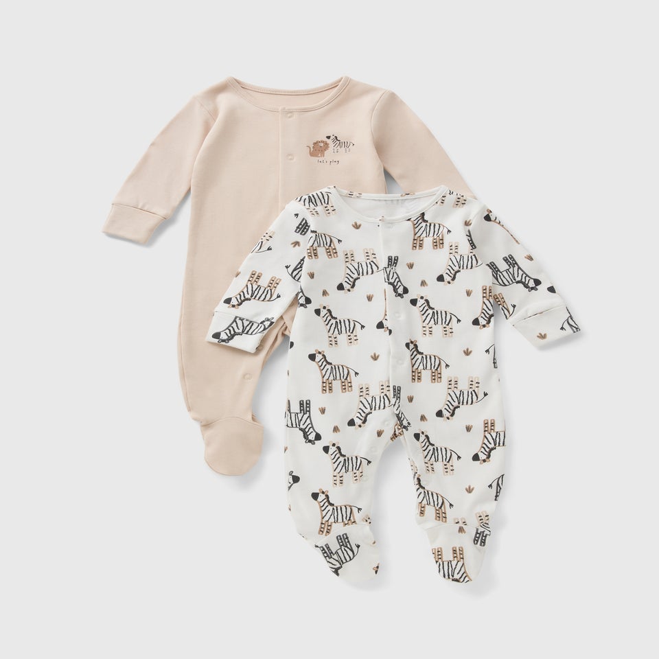 2 Pack Baby Beige Zebra Sleepsuits (Newborn-23mths)