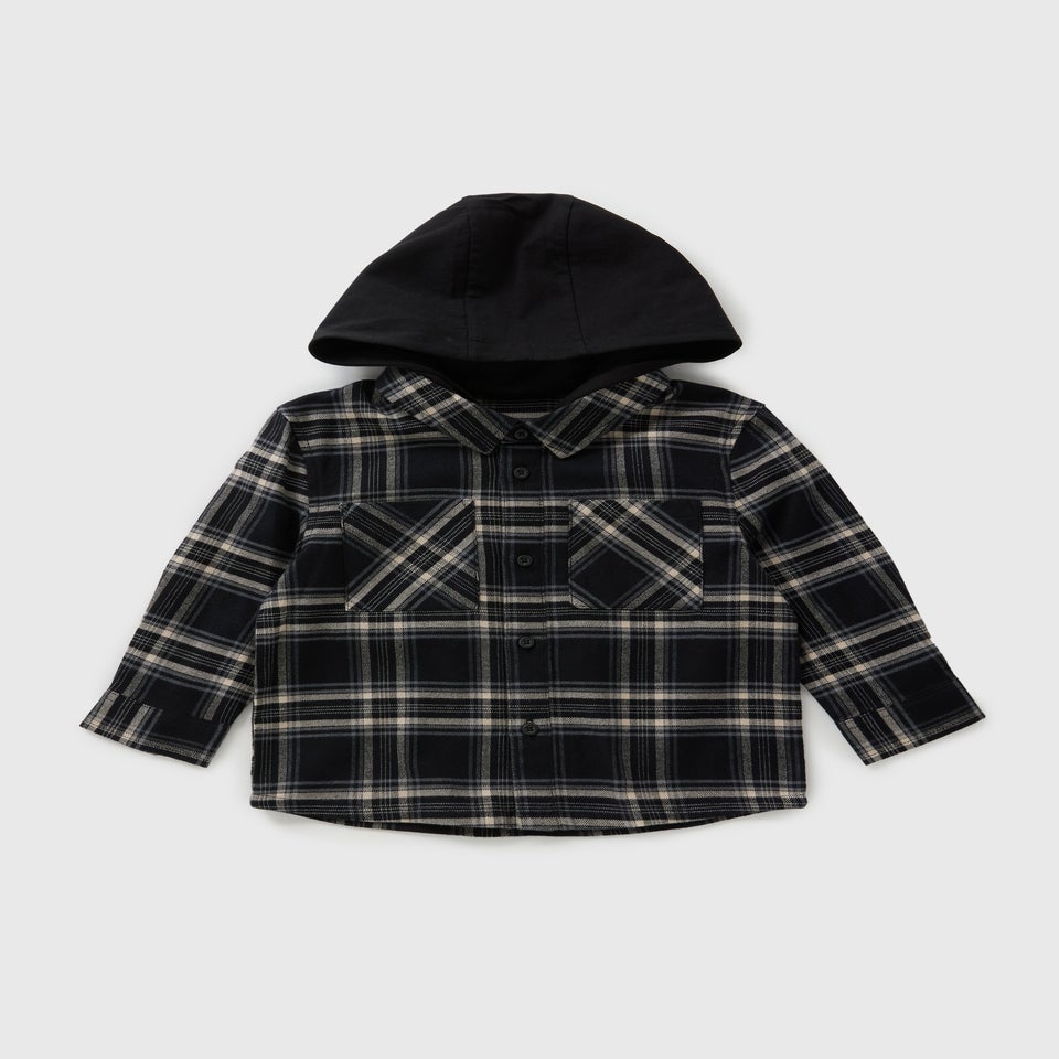 Boys Black Check Hood Shacket (1-7yrs)