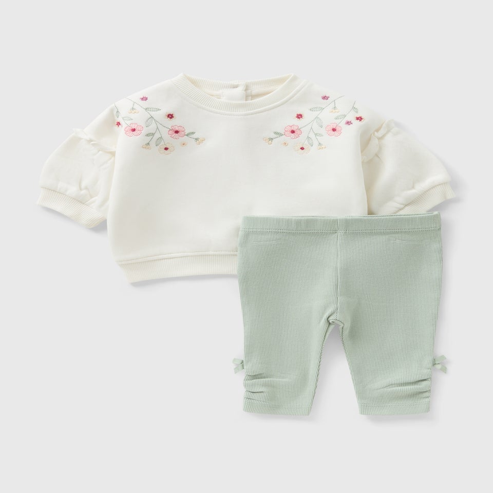 Girls Cream Flower Embroidered Sweatshirt & Legging Set (Newborn-23mths)