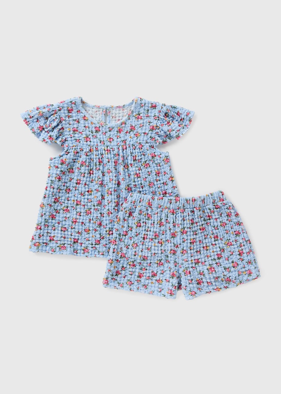 Girls Blue Floral Crinkle Top & Shorts Set (1-7yrs)