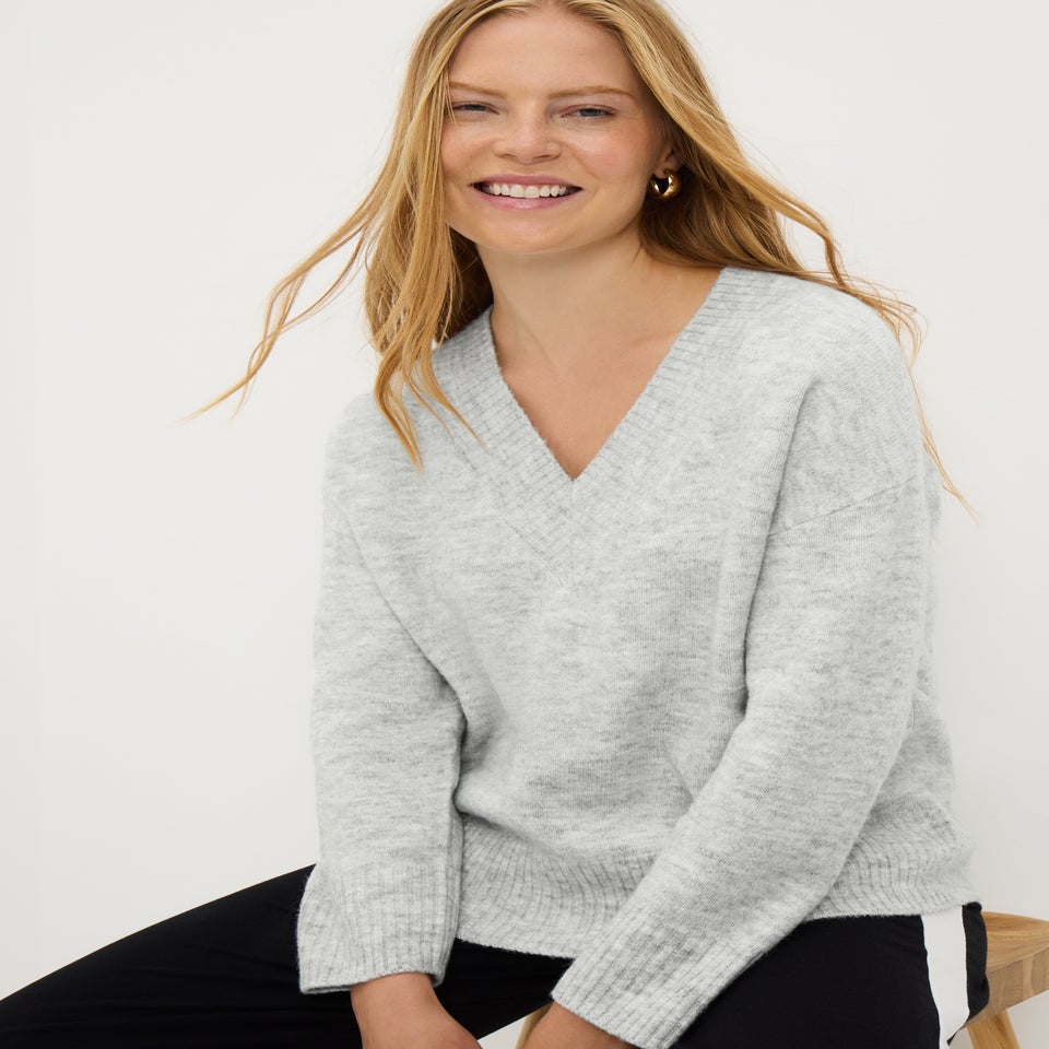 Grey V-Neck Knitted Jumper