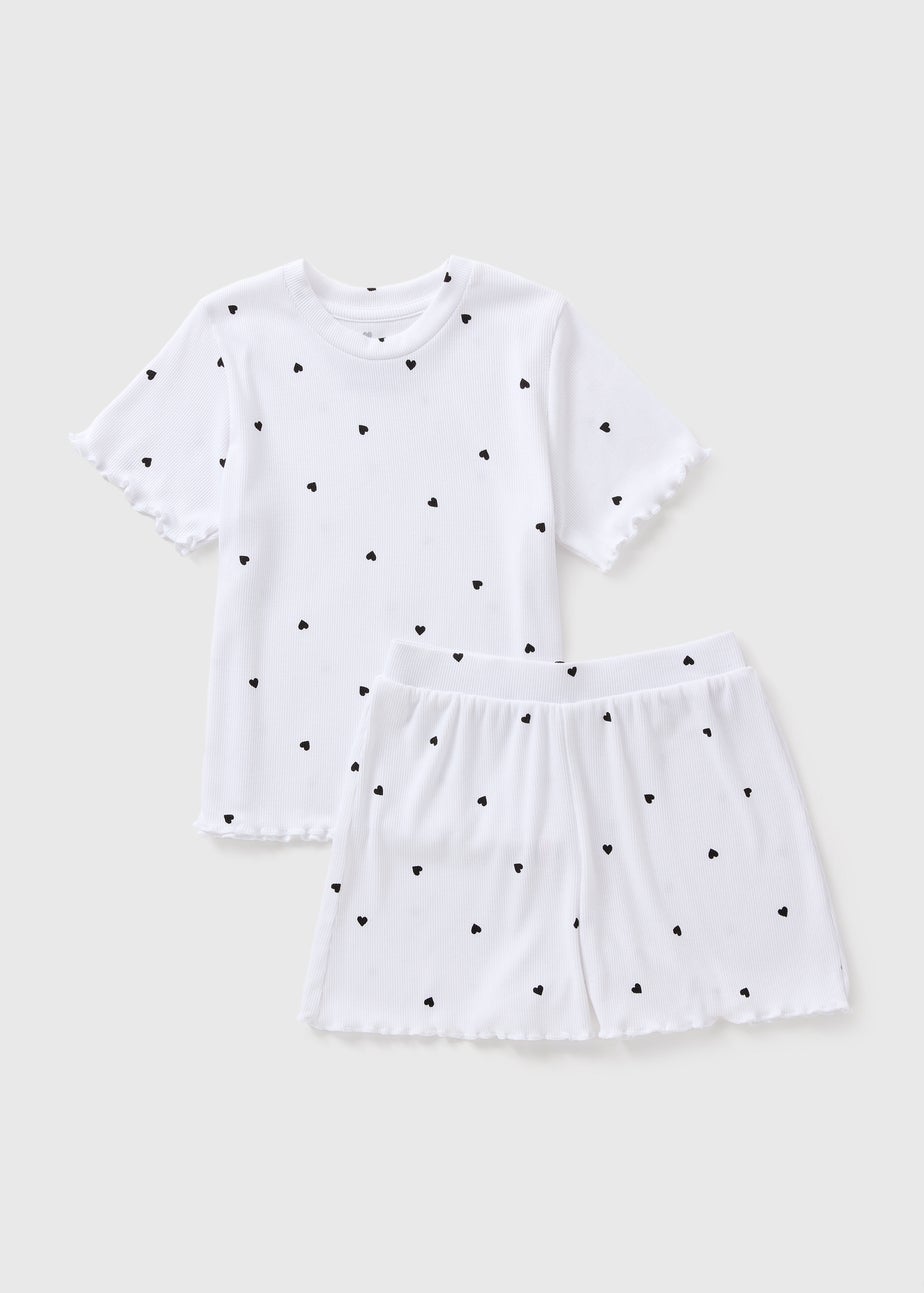 Girls White Heart Short Pyjama Set (7-13yrs)