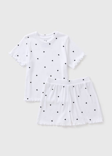 Girls White Heart Short Pyjama Set (7-13yrs)