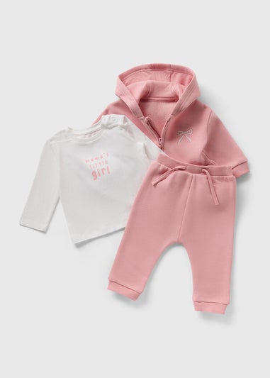 3 Piece Baby Pink Bow Hooodie & Jogging Bottom Set (Newborn-23mths)