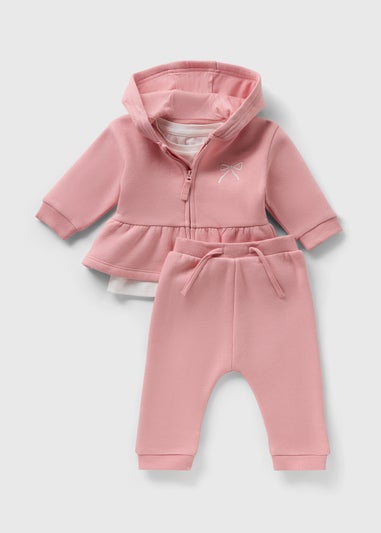 3 Piece Baby Pink Bow Hooodie & Jogging Bottom Set (Newborn-23mths)