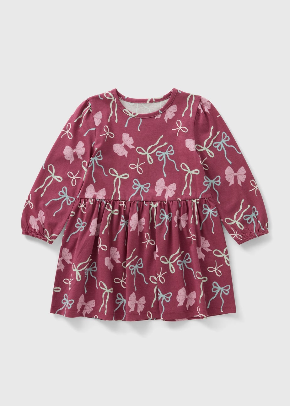 Girls Burgundy Bow Print Dress (1-7yrs)