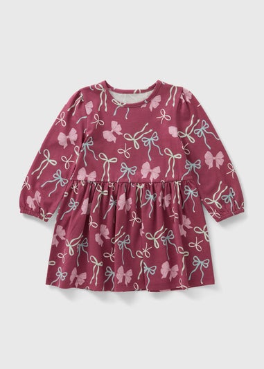 Girls Burgundy Bow Print Dress (1-7yrs)