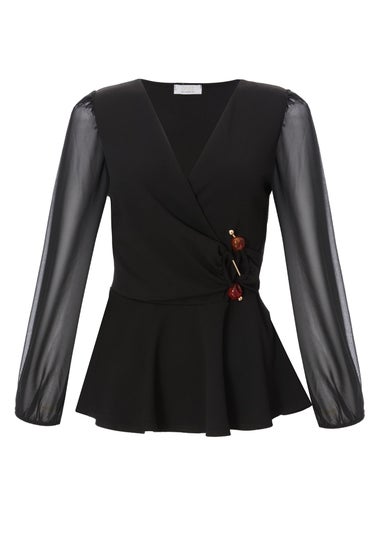 Quiz Black Wrap Front Buckle Top