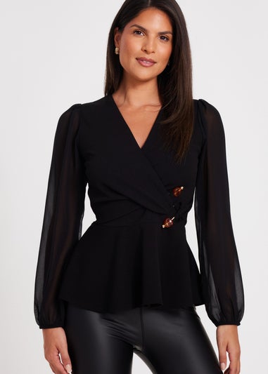 Quiz Black Wrap Front Buckle Top