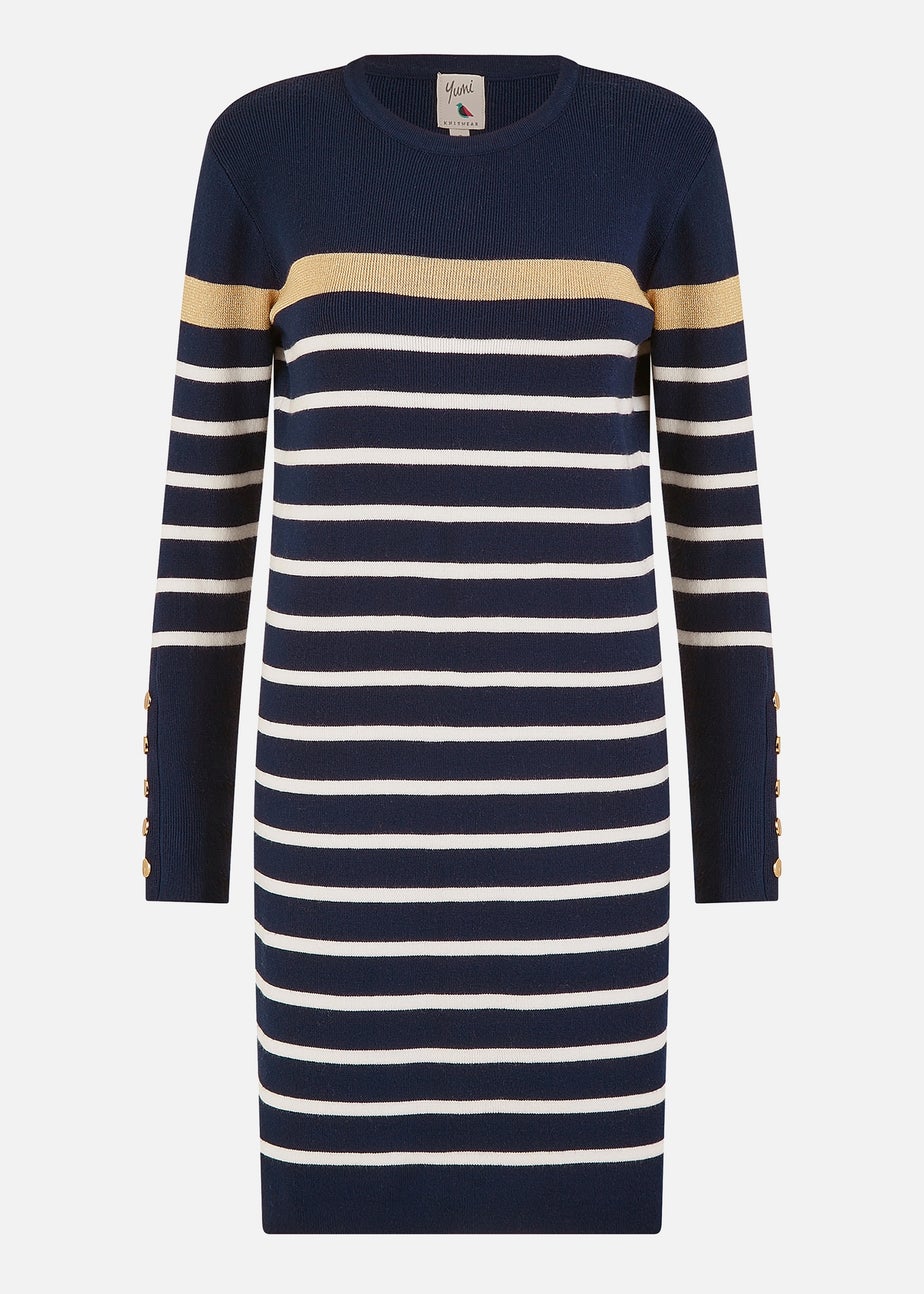 Yumi Navy Striped Knitted Dress With Button Cuff Detail