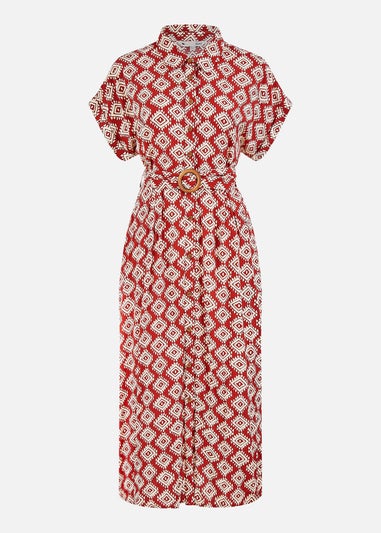 Yumi Red Viscose Midi Shirt Dress With Matching Belt