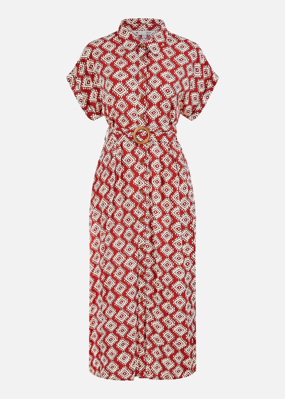 Yumi Red Viscose Midi Shirt Dress With Matching Belt