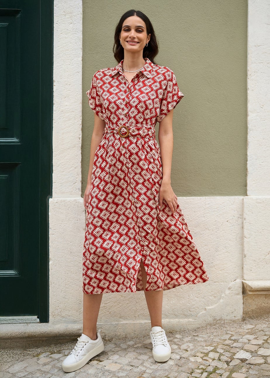 Yumi Red Viscose Midi Shirt Dress With Matching Belt