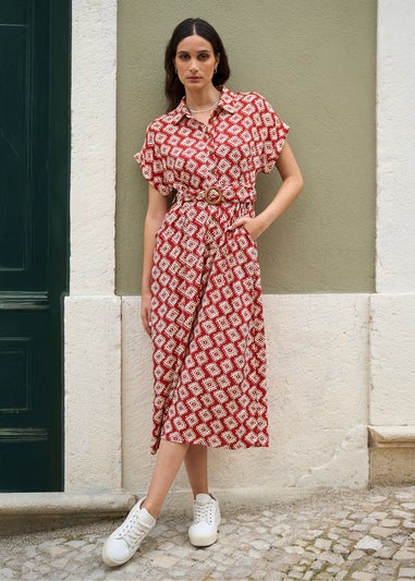 Yumi Red Viscose Midi Shirt Dress With Matching Belt
