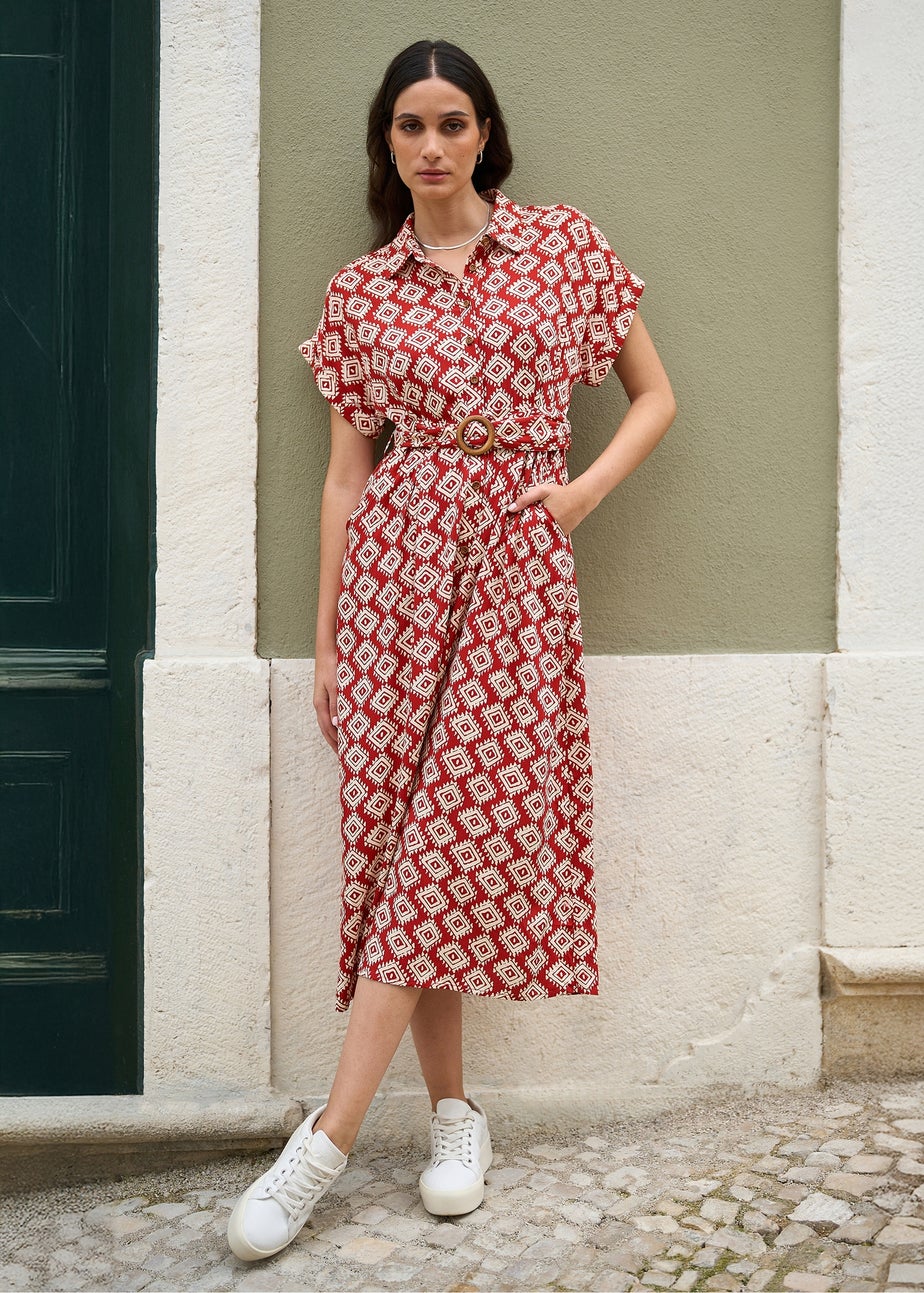 Yumi Red Viscose Midi Shirt Dress With Matching Belt