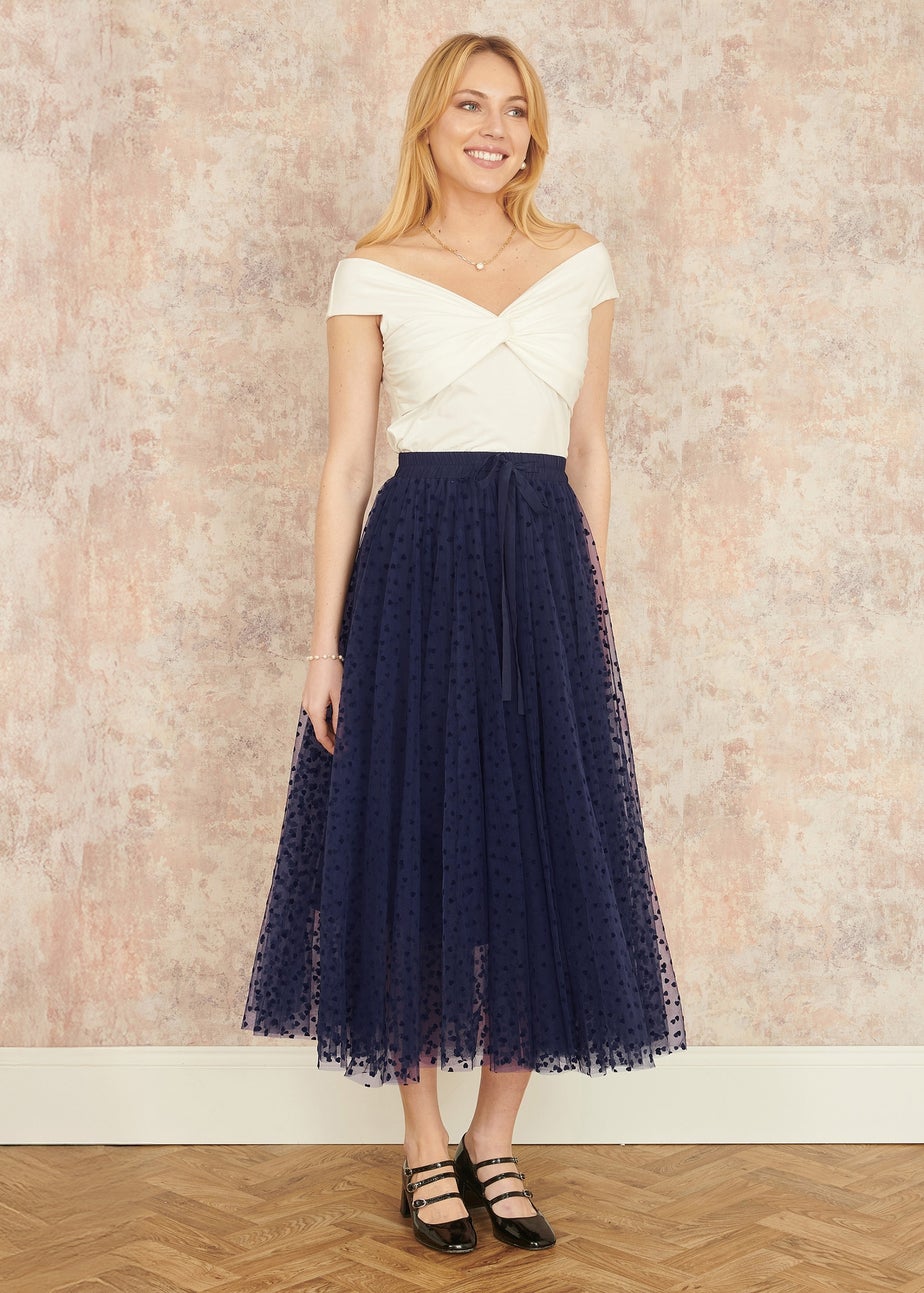 Yumi Navy Mesh Heart Print Tulle Skirt Matalan