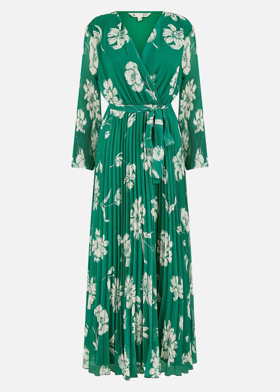 Yumi Green Floral Pleated Midi Wrap Long Sleeve Dress