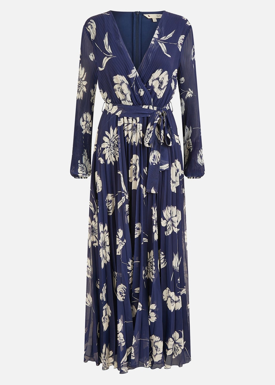 Yumi Navy Floral Pleated Midi Wrap Long Sleeve Dress