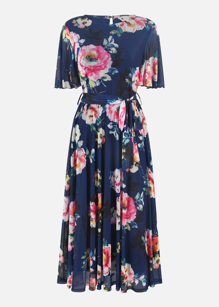 Yumi Navy Mesh Floral Print Midi Dress With Angel Sleeves