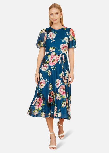 Yumi Green Mesh Floral Midi Dress With Angel Sleeves