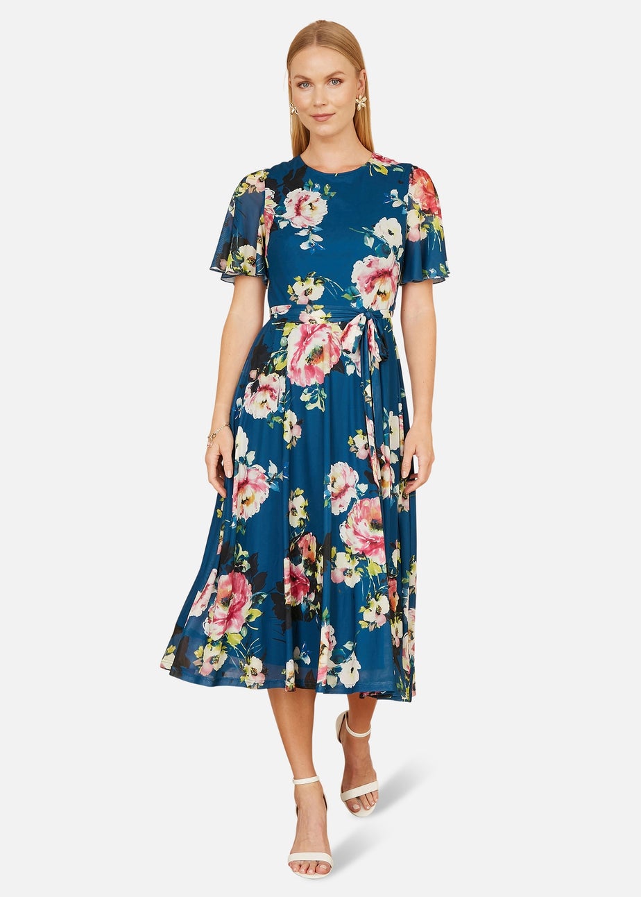 Yumi Green Mesh Floral Midi Dress With Angel Sleeves