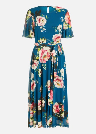 Yumi Green Mesh Floral Midi Dress With Angel Sleeves