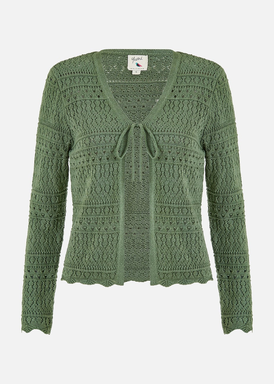 Yumi Green Crochet Tie Front Cardigan