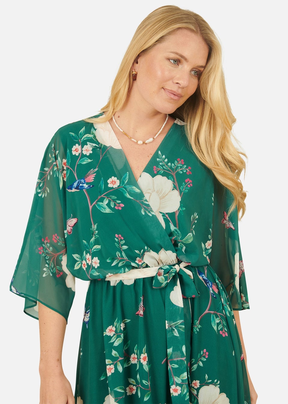 Yumi Green Bird & Floral Print Midi Wrap Dress